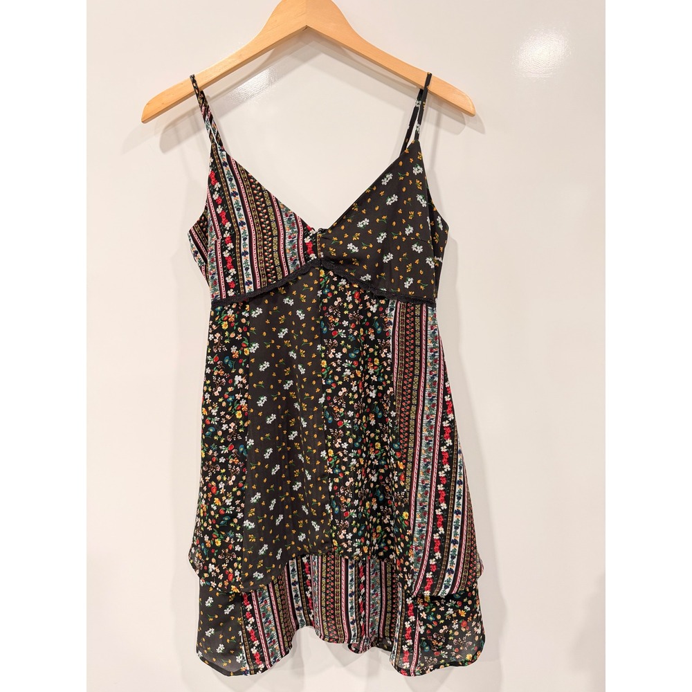 Blue Rain Francescas Mixed Floral Patchwork Mini Dress Black Multi Size M